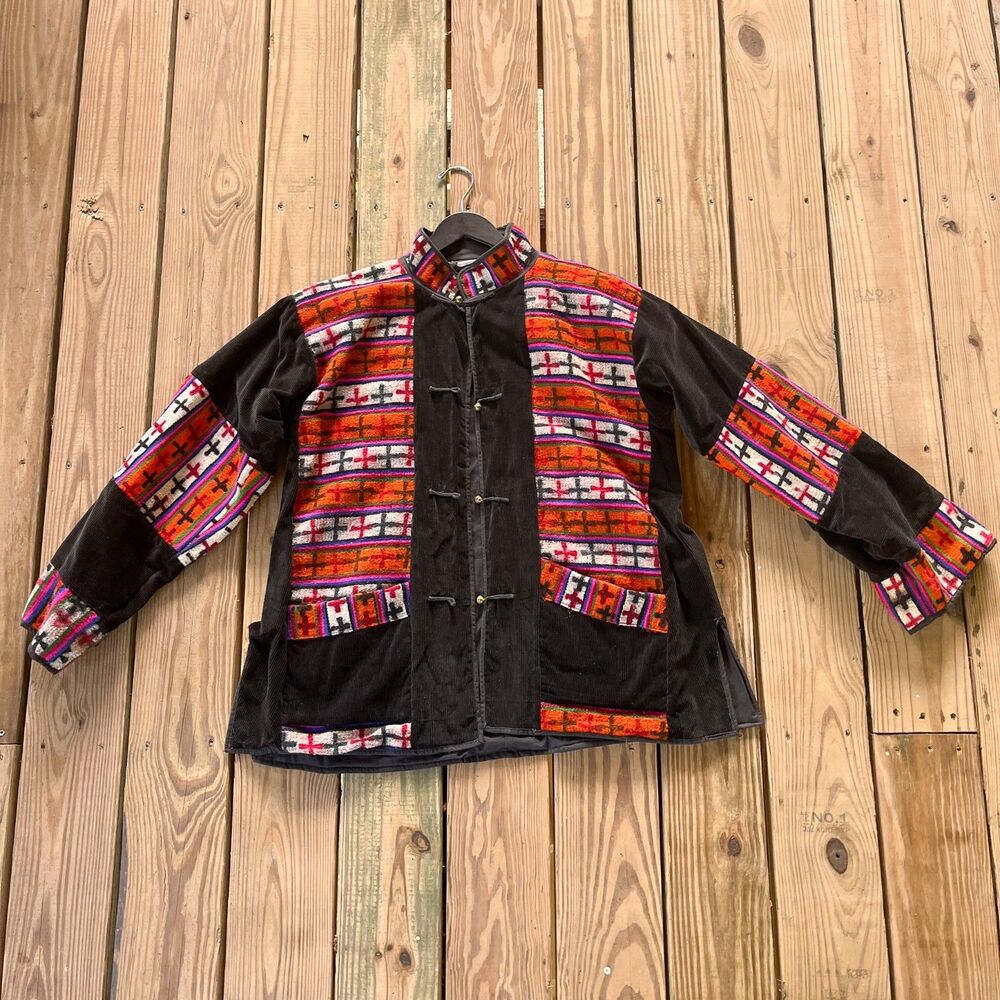 Handmade 1970s Ethnic Chinese Corduroy Coat - Wool Trim Boho Hippie Jacket